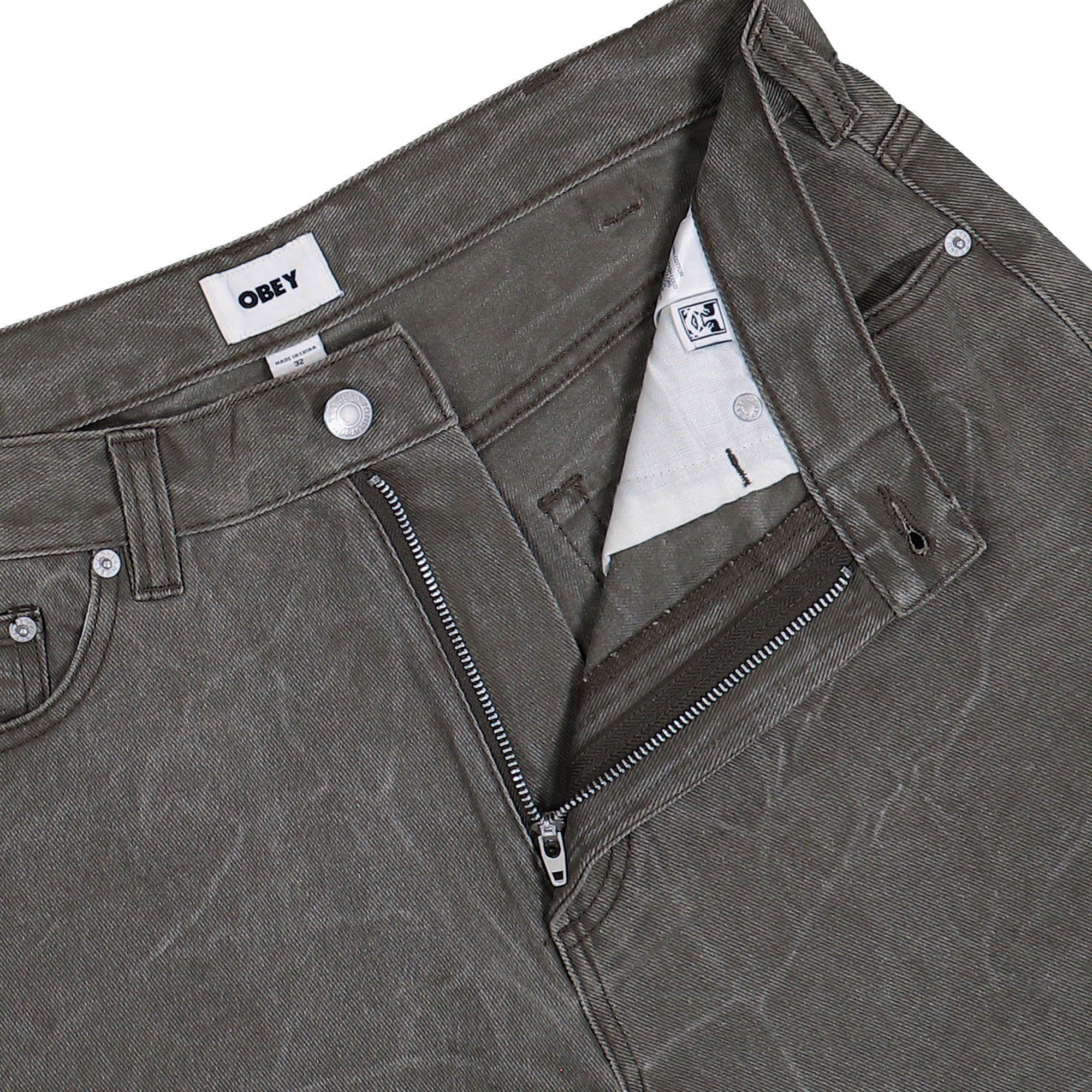 Obey BigWig Baggy Denim Short Black Olive Wrinkle Wash Shorts 172100109-BOW Detail View 1 | Overkill
