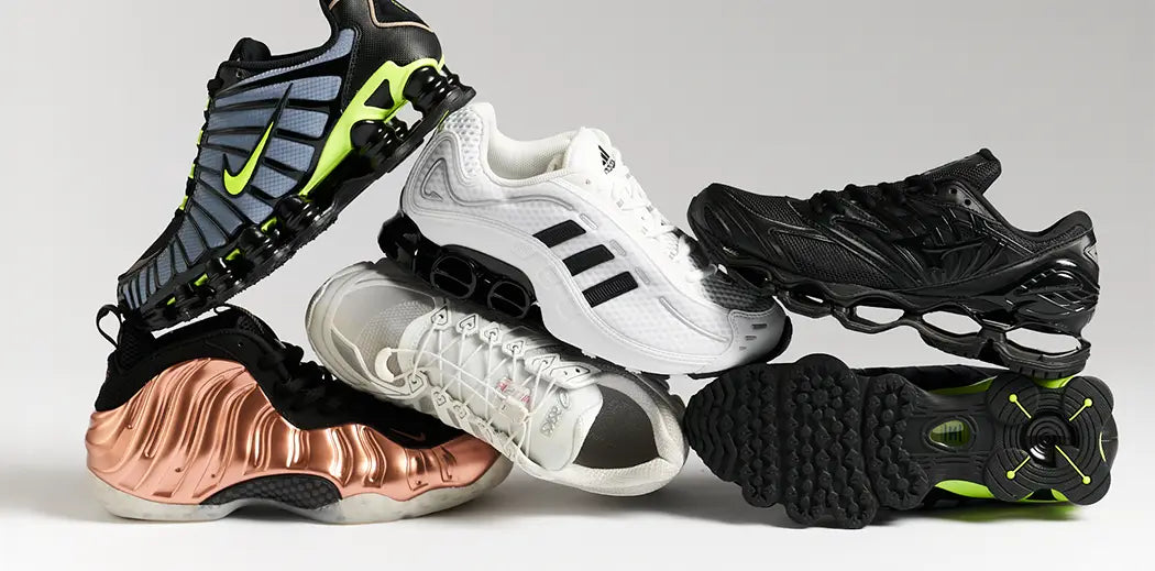 A stack of five assorted men sneakers showcases diverse styles and colors against a neutral background. The setup conveys a modern, stylish vibe.