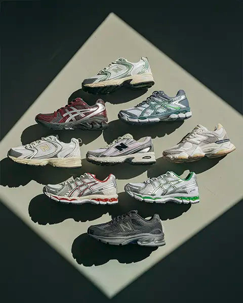 A flat lay of ten stylish athletic shoes in Y2K sneaker style in various colors, arranged in a diamond pattern against a dark background.