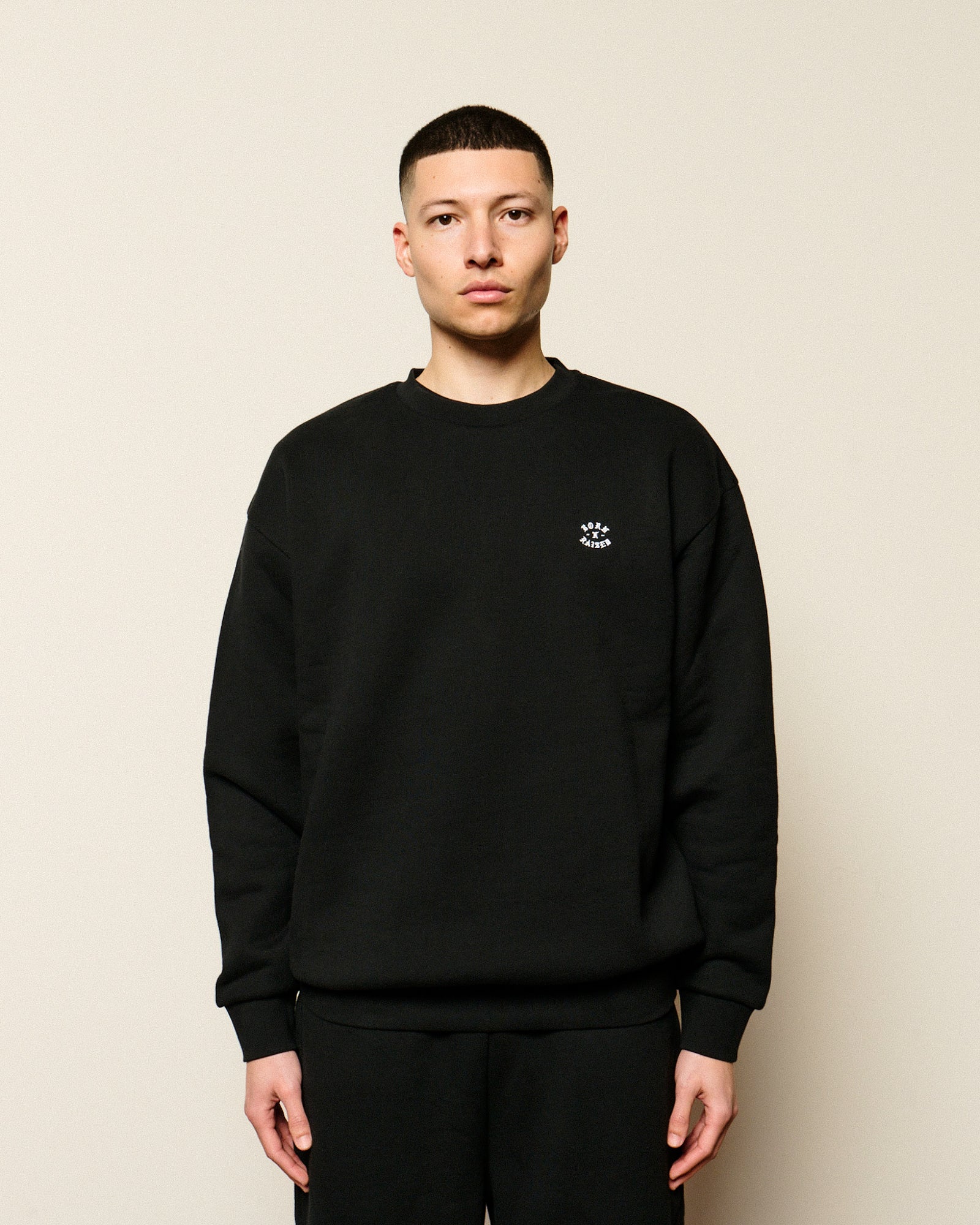 Born x Raised Micro Rocker Crewneck Black Sweatshirts B0004MCRKR-BLK On Model Front View | Overkill
