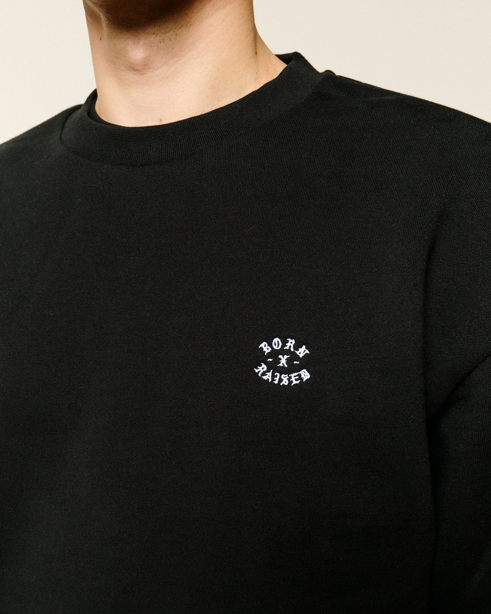 Born x Raised Micro Rocker Crewneck Black Sweatshirts B0004MCRKR-BLK On Model Back View | Overkill
