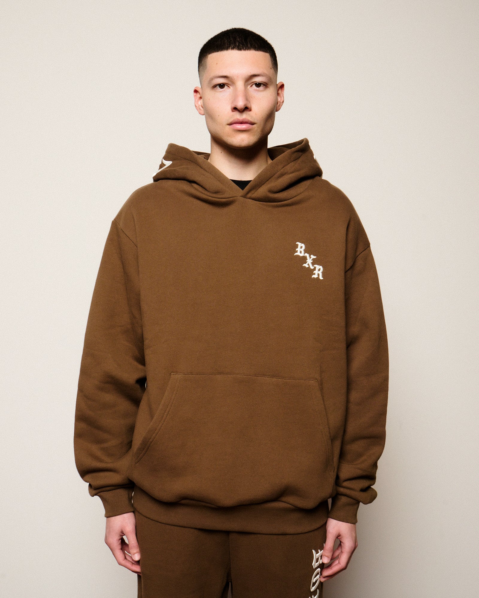 Born x Raised Embroidered Hoodie Walnut W / Cream Hoodies B0005EMBR2-WLCR On Model Front View | Overkill
