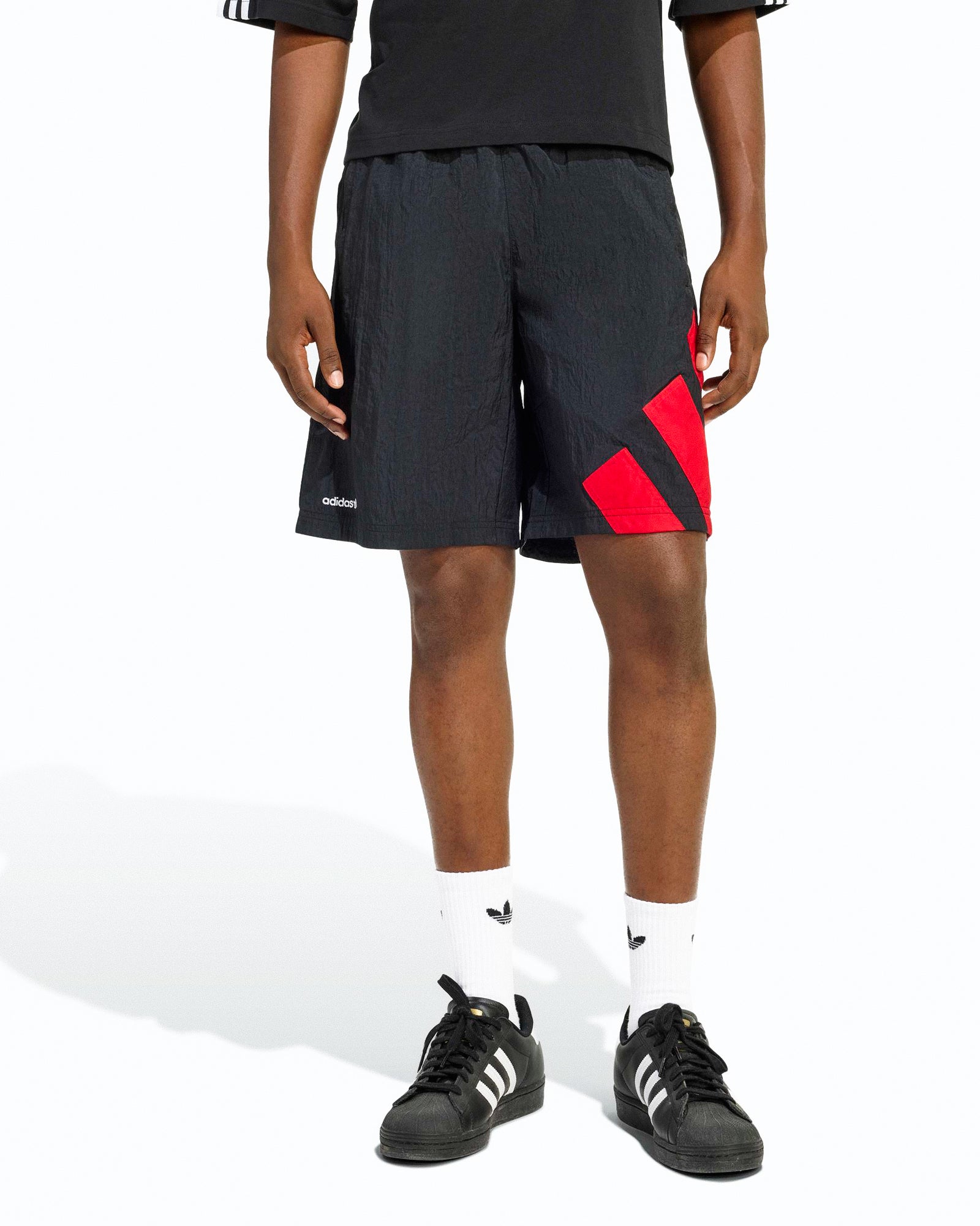 adidas Grfx Shorts Black / Better Scarlet Shorts KD4072 On Model Front View | Overkill
