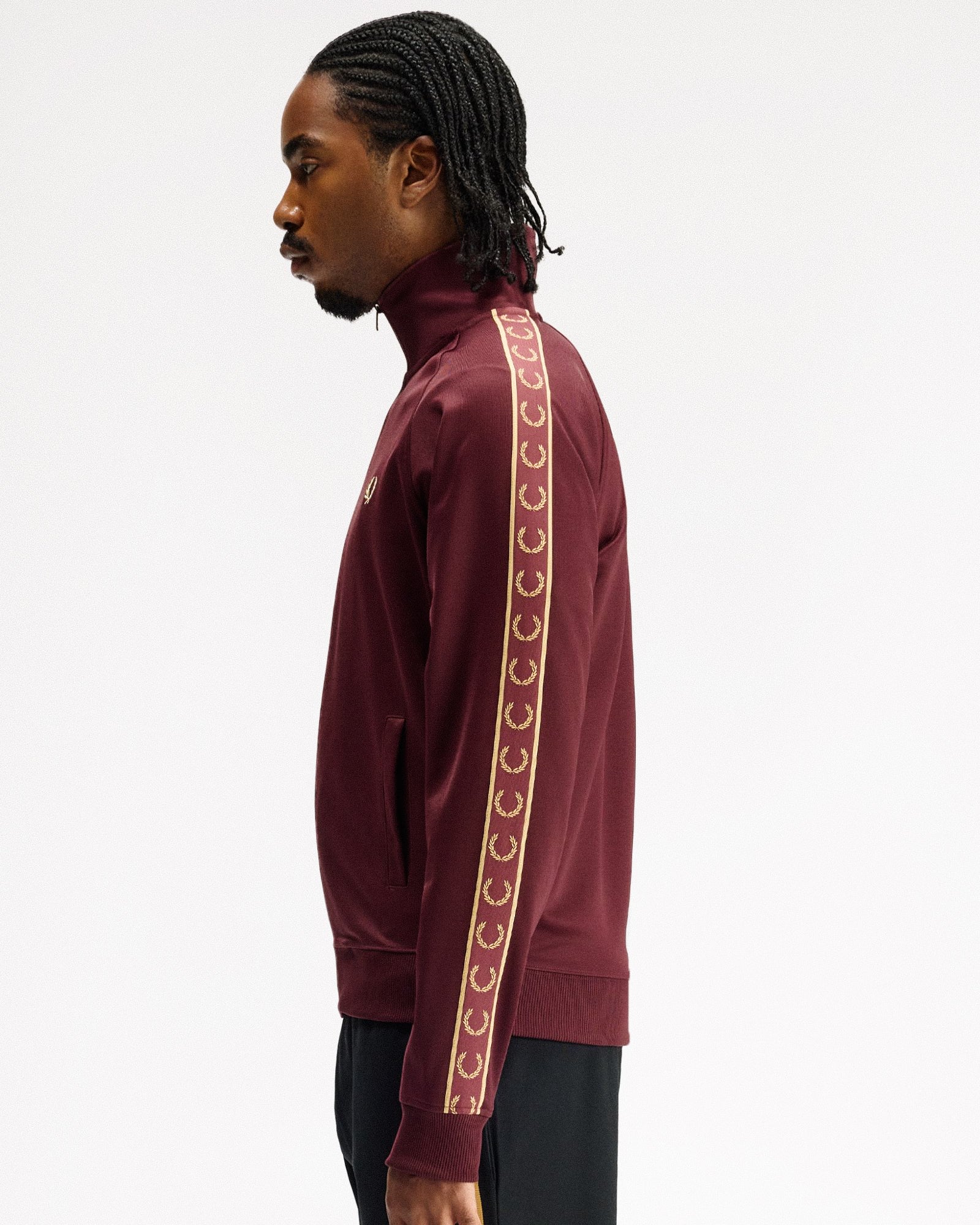 Fred Perry Contrast Tape Track Jacket Oxblood / Champagne Track Jackets J5557-69A Style Inspiration | Overkill
