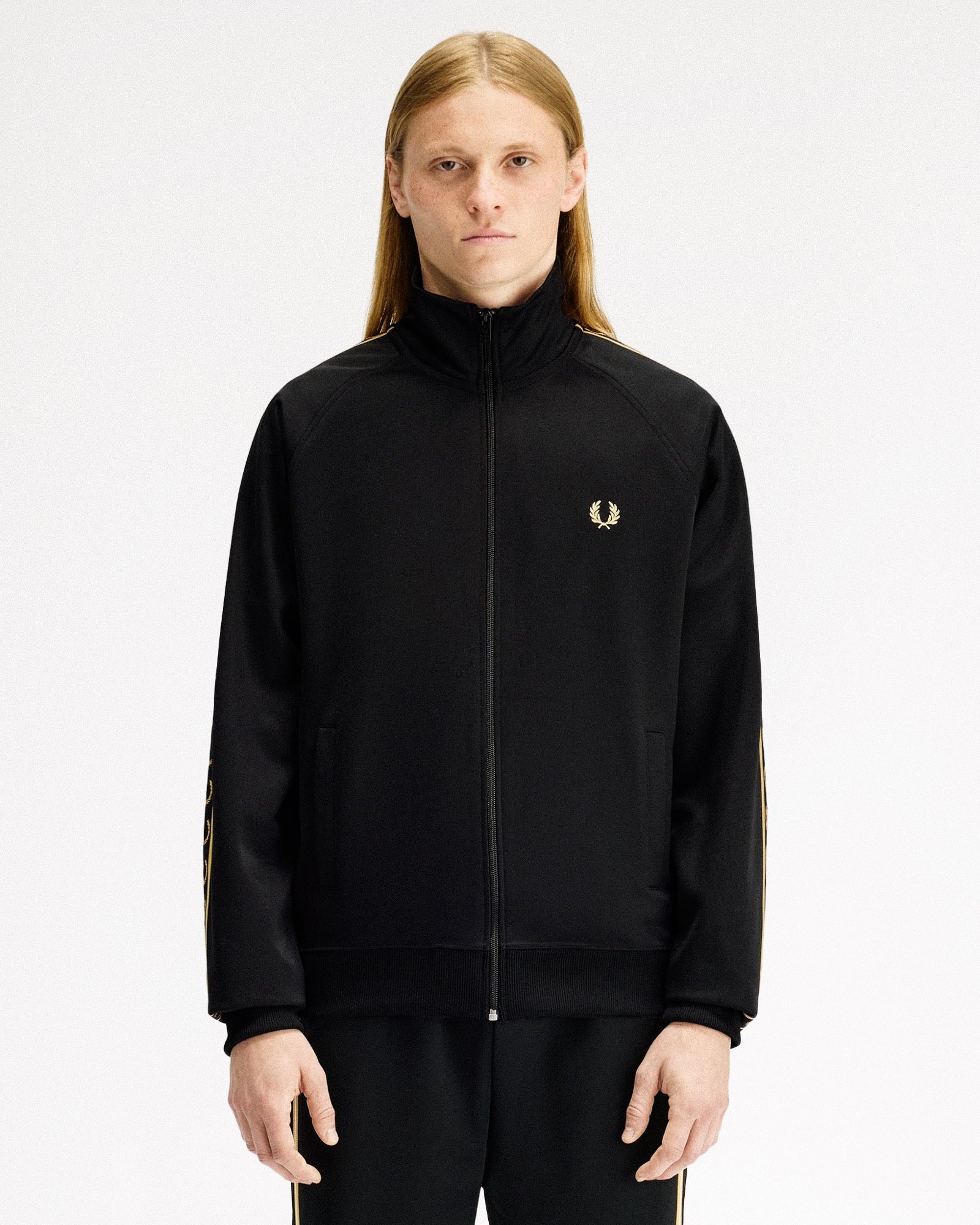 Fred Perry Contrast Tape Track Jacket Black / Champagne Track Jackets J5557-90A On Model Front View | Overkill
