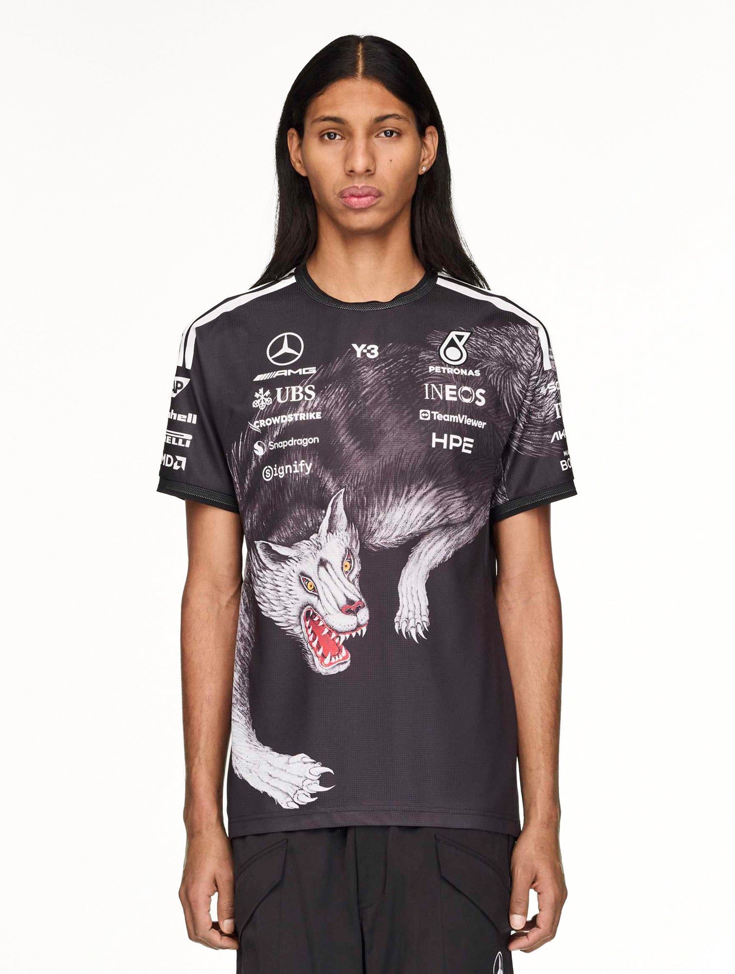 Mercedes-AMG Petronas F1 x Y-3 F1 Driver SS Jersey Black T-Shirts KQ9844 On Model Front View | Overkill

