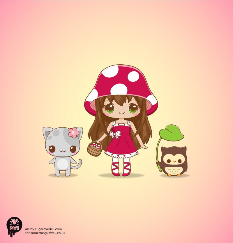 kawaii chibi mushroom girl, kawaii sakura kitty, and totoro owl