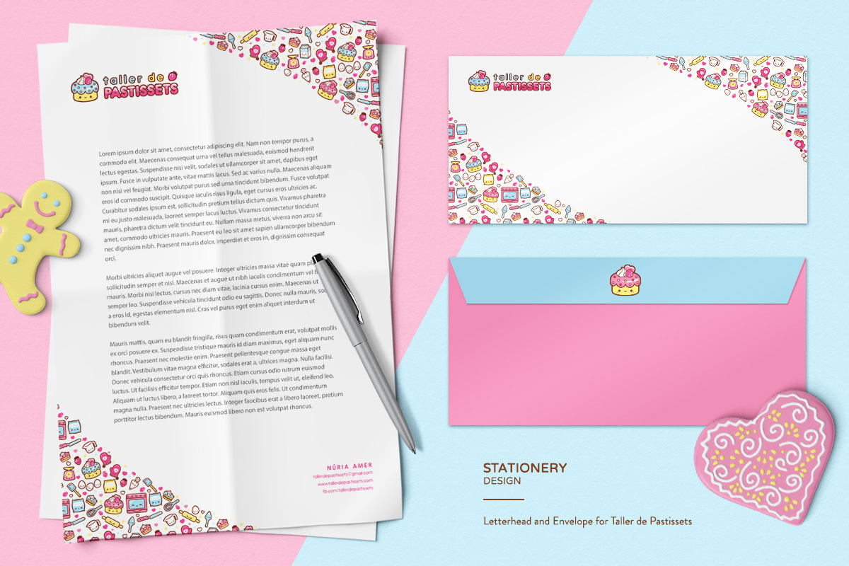 kawaii cute letterhead and envelope pink blue cake logo