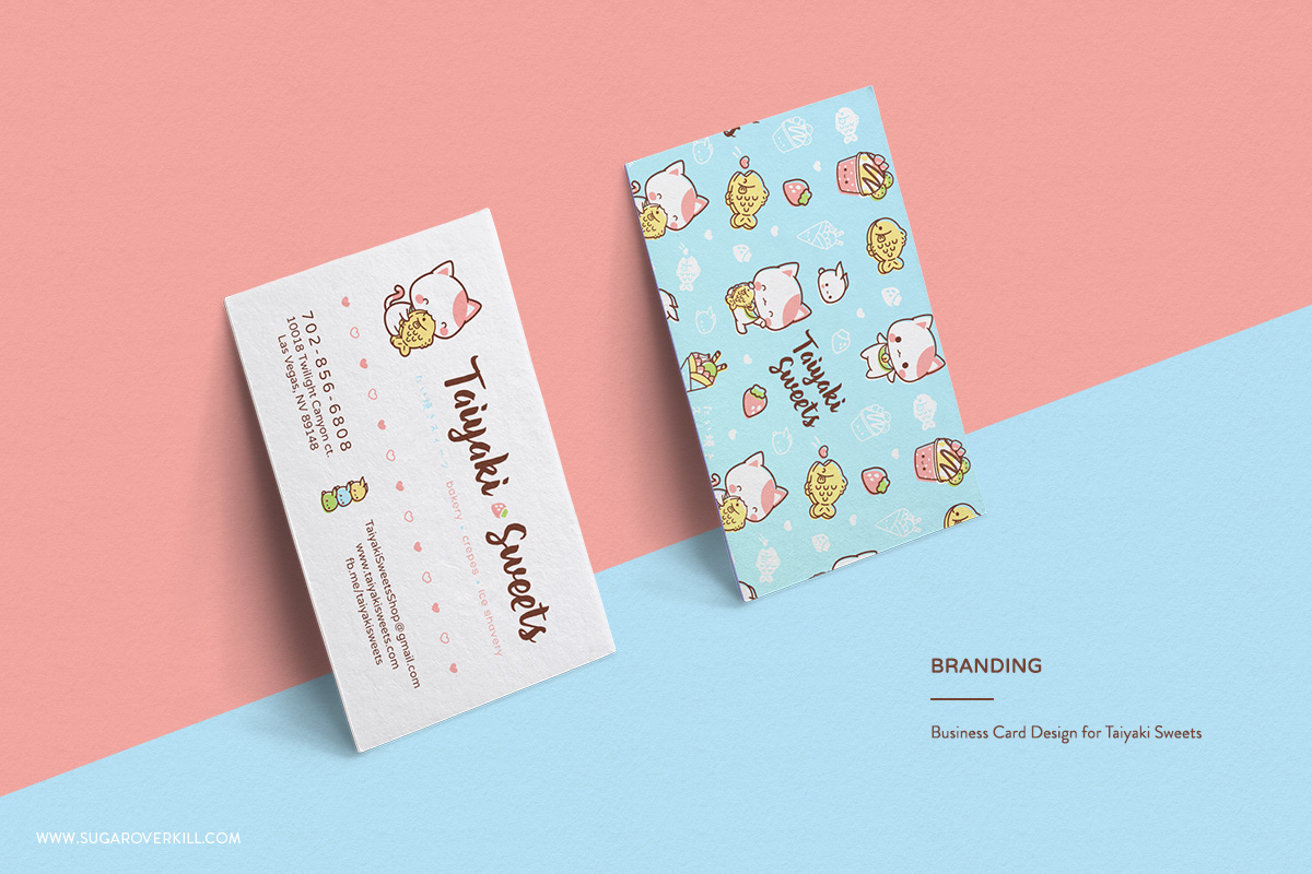 Japanese-Inspired Character Logo and Branding, Taiyaki Sweets, Kawaii Neko Cute Cat Eating Taiyaki Fish, Business Card
